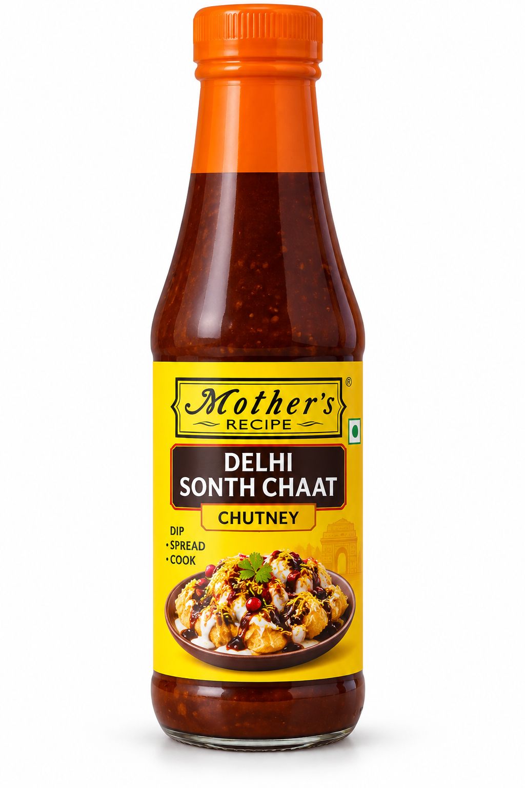 Mother’s Recipe Delhi Sonth Chaat Chutney 275g bottle with an orange cap and yellow label, featuring sweet and tangy chaat chutney, Indian street food and a serving of chaat.