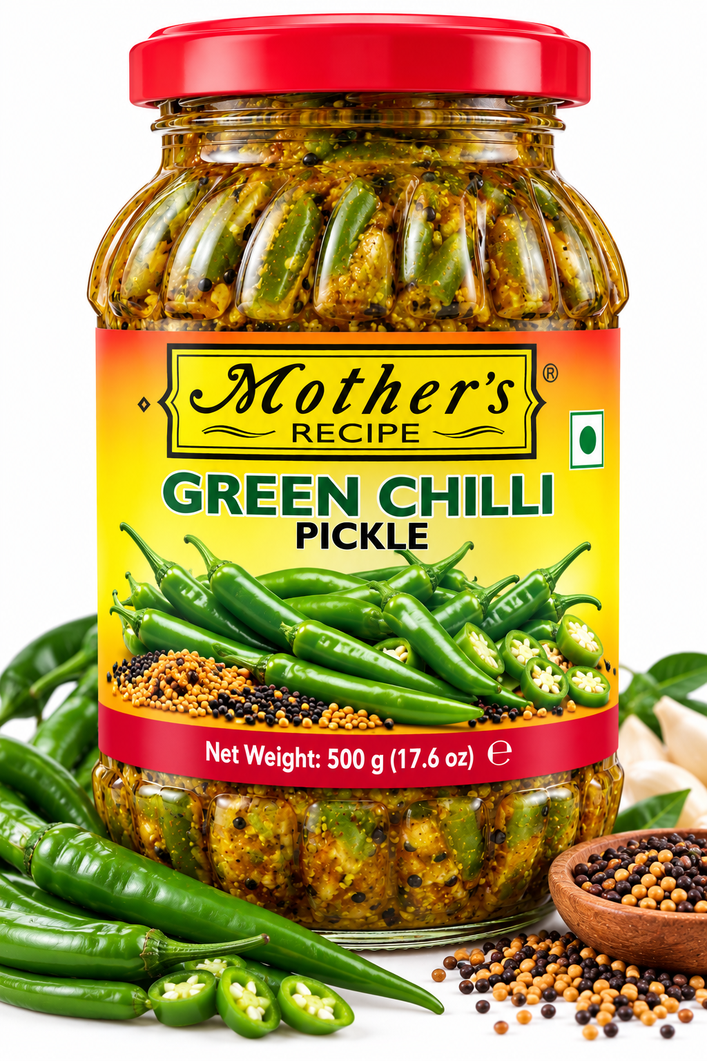 Mother's Recipe Green Chilli Pickle 500g featuring a glass jar with a red lid and yellow-green label, filled with tangy green chilli pickle, alongside fresh green chillies, sliced chillies, mustard seeds, and traditional Indian spices.