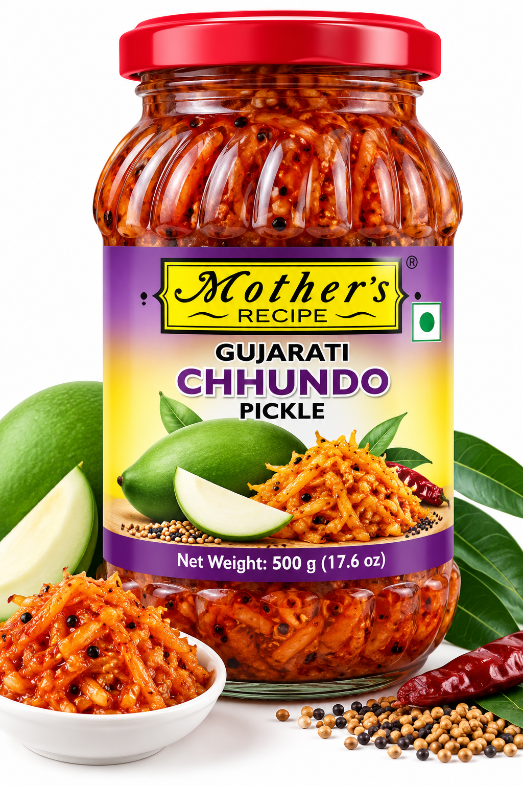 Mother's Recipe Gujarati Chundu Pickle 500g featuring a glass jar with a red lid and purple-and-yellow label, filled with traditional sweet and tangy shredded mango pickle, alongside fresh green mangoes, mango slices, mustard seeds, and aromatic spices.