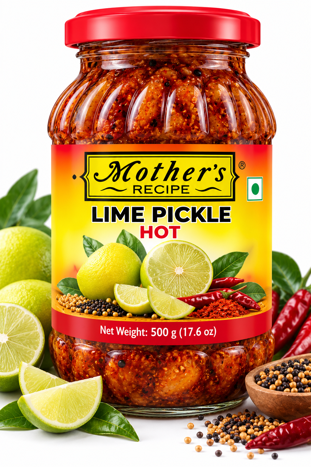 Mother's Recipe Lime Pickle Hot 500g featuring a glass jar with a red lid and yellow-orange label, filled with spicy lime pickle, alongside fresh whole and sliced limes, red chillies, green leaves, mustard seeds, and traditional Indian spices.