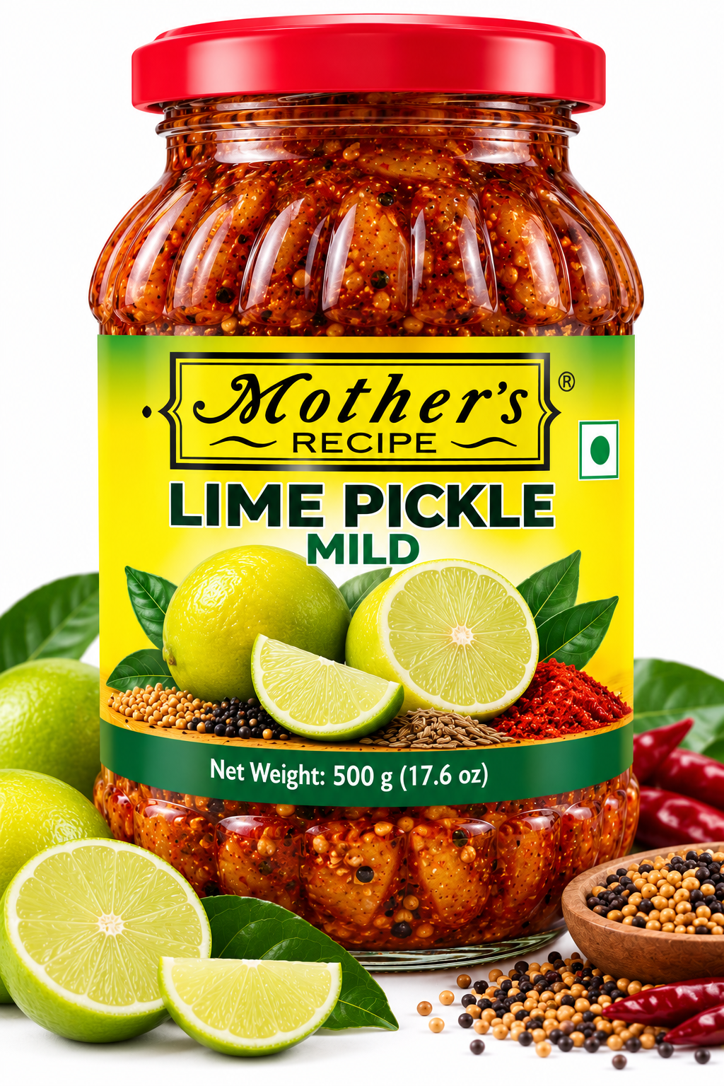 Mother's Recipe Lime Pickle Mild 500g featuring a glass jar with a red lid and yellow-green label, filled with traditional mild lime pickle, alongside fresh whole and sliced limes, green leaves, mustard seeds, and aromatic spices.