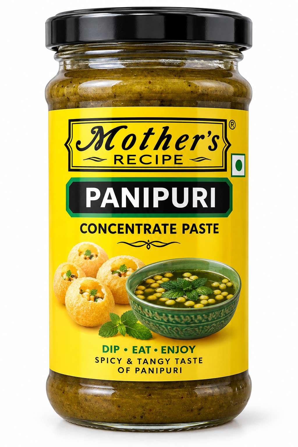 Mother’s Recipe Pani Puri Concentrate Paste 270g glass jar with a black lid and yellow label, featuring pani puri shells, mint-flavoured pani and spicy tangy Indian street food seasoning.