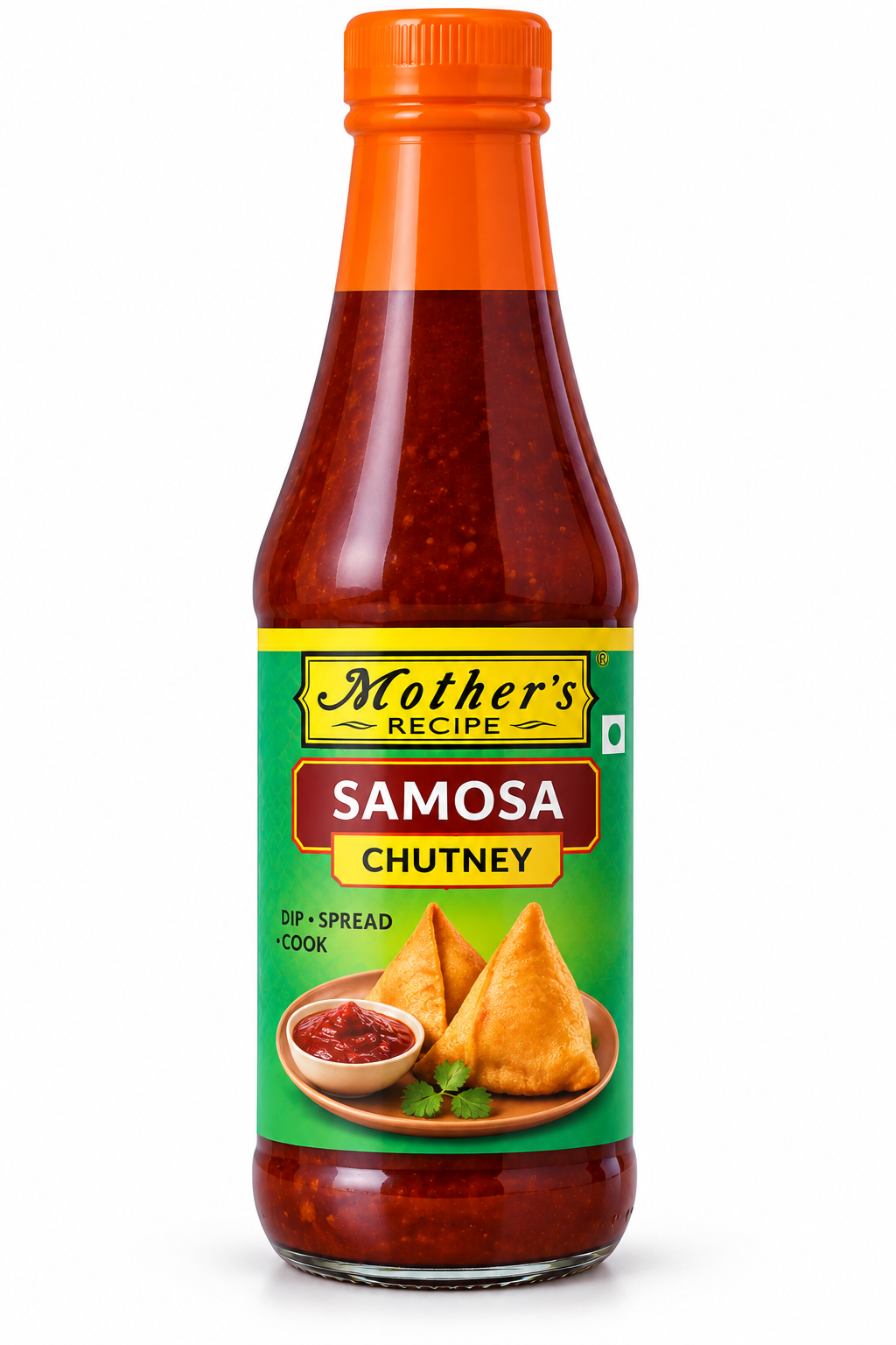 Mother’s Recipe Samosa Chutney bottle with an orange cap and green label, featuring crispy samosas served with red chutney, ideal for Indian snacks and appetisers.