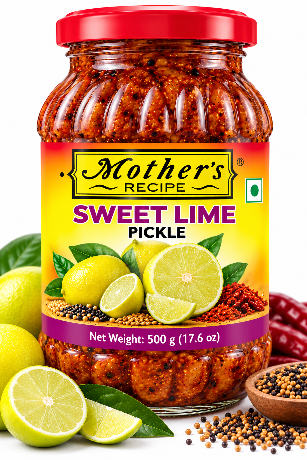 Mother's Recipe Sweet Lime Pickle 500g featuring a glass jar with a red lid and yellow-orange label, filled with sweet and tangy lime pickle, alongside fresh whole and sliced limes, green leaves, mustard seeds, and aromatic spices.