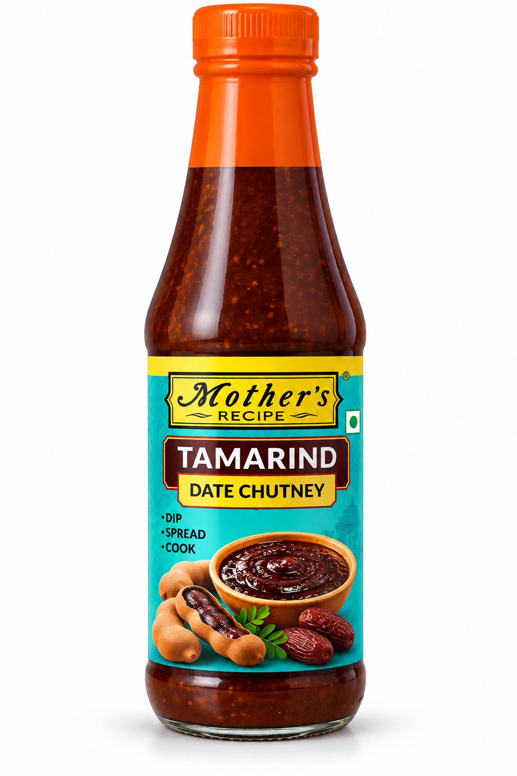 Mother’s Recipe Tamarind Date Chutney 275g bottle with an orange cap and turquoise label, featuring rich tamarind and date chutney, fresh tamarind pods and dates, perfect for chaat, samosas and Indian snacks.