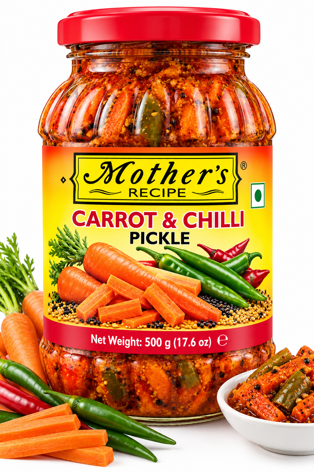 Mother's Recipe Carrot and Chilli Pickle 500g featuring a glass jar with a red lid and yellow-green label, filled with spicy carrot and chilli pickle, alongside fresh carrots, green and red chillies, mustard seeds, and aromatic spices.
