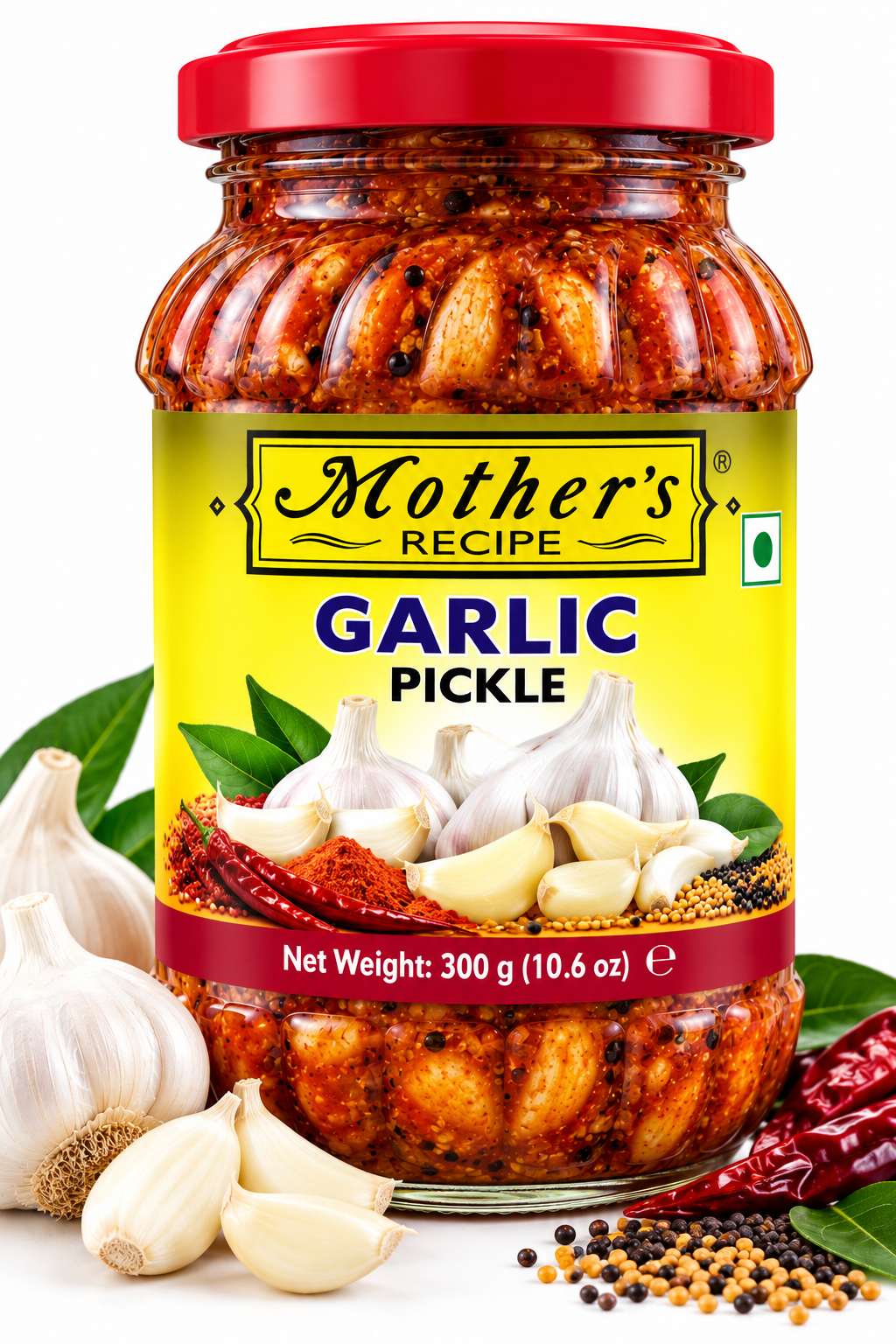 Mother's Recipe Garlic Pickle 300g featuring a glass jar with a red lid and yellow-green label, filled with spicy garlic pickle, alongside fresh garlic bulbs, peeled garlic cloves, red chillies, green leaves, and aromatic spices.