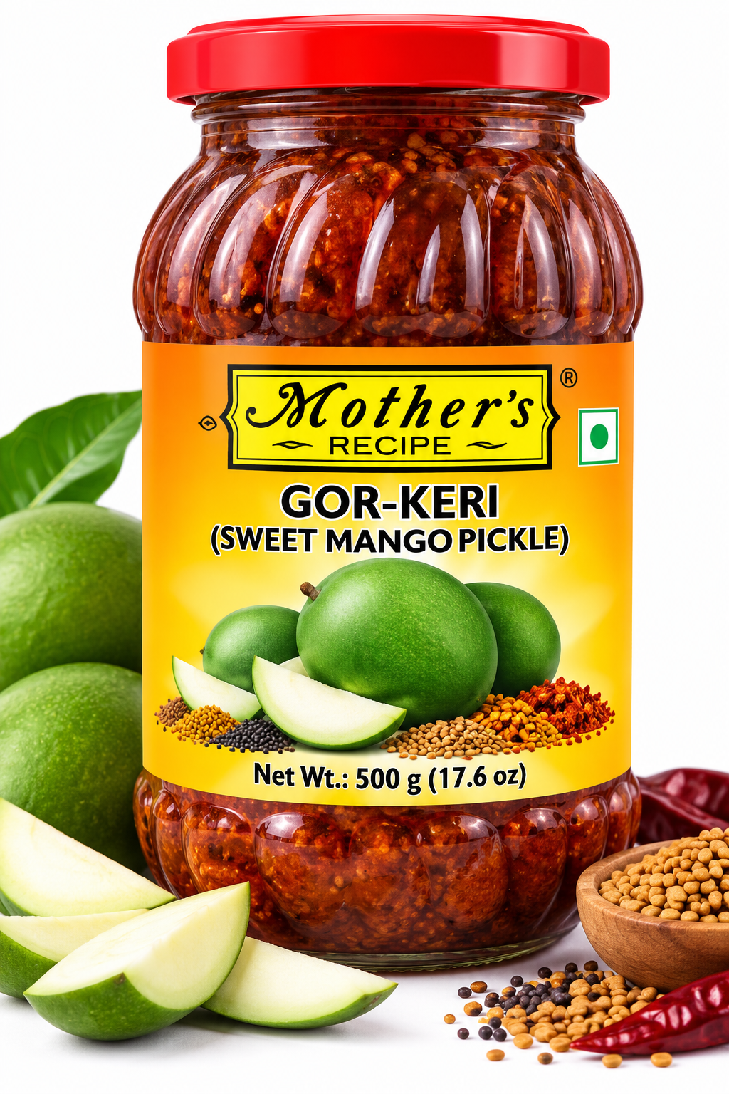 Mother's Recipe Gujarati Gorkeri Pickle 500g featuring a glass jar with a red lid and yellow-orange label displaying green mango imagery, filled with traditional sweet and tangy Gujarati mango pickle.