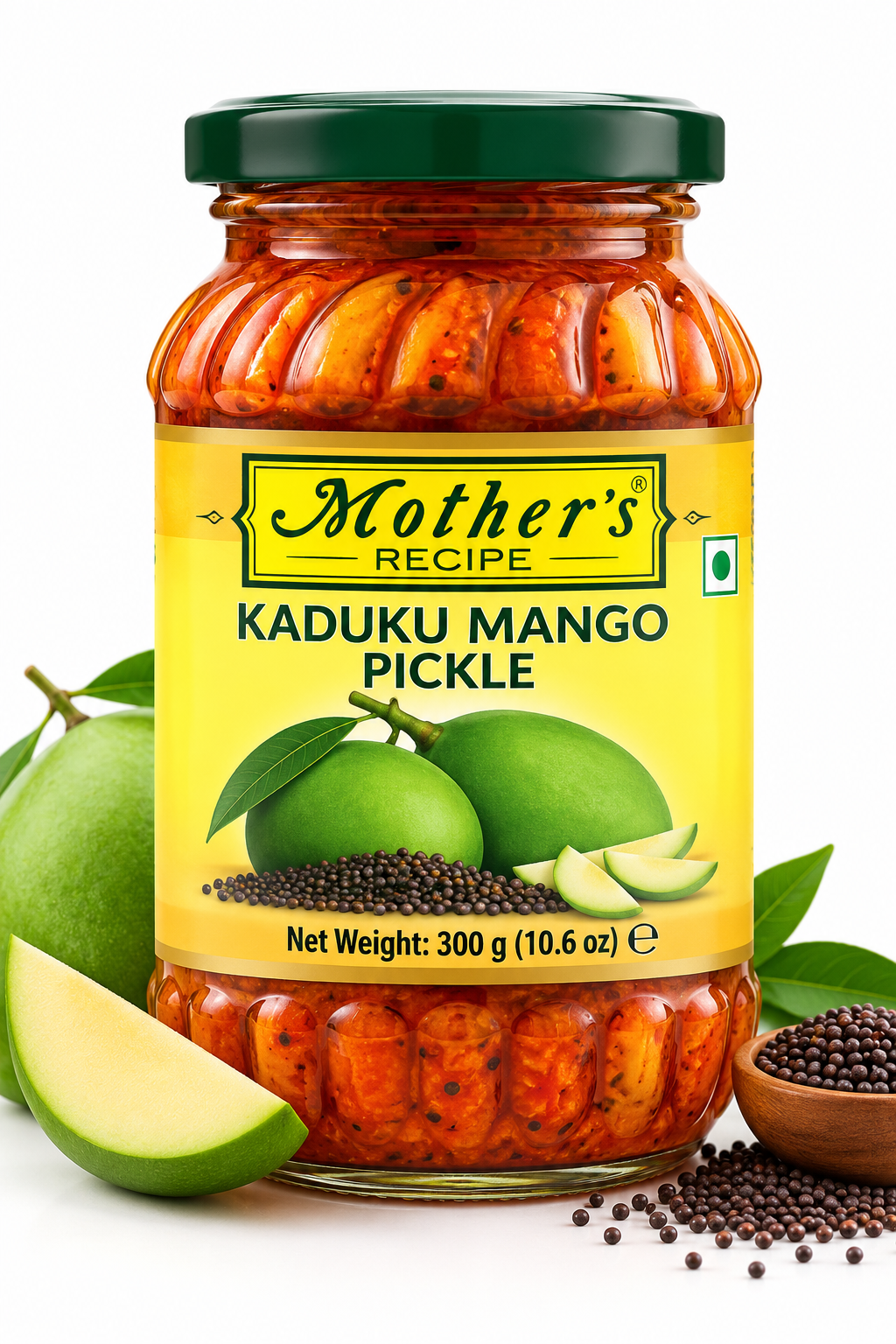 Mother's Recipe Kaduku Mango Pickle 300g featuring a glass jar with a dark green lid and yellow label, filled with spicy mango pickle and mustard seeds, with fresh green mangoes and mustard seeds.
