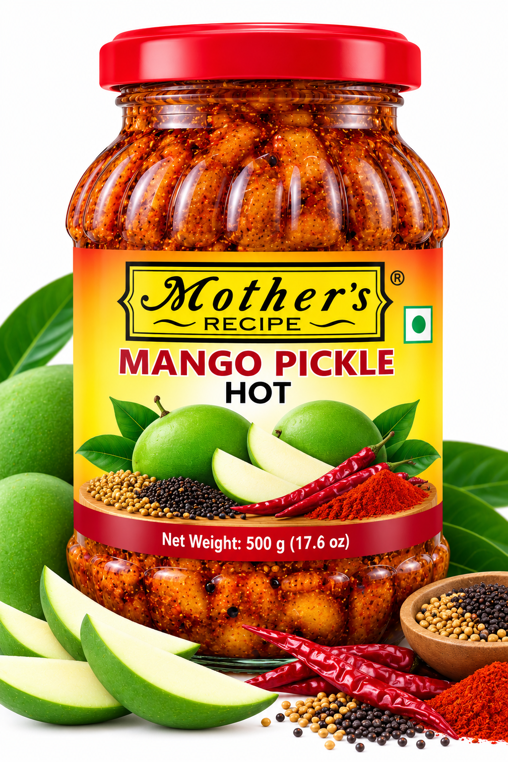 Mother's Recipe Mango Pickle Hot 500g featuring a glass jar with a red lid and yellow-orange label, filled with spicy mango pickle, alongside fresh green mangoes, sliced mangoes, red chillies, mustard seeds, chilli powder, and aromatic Indian spices.