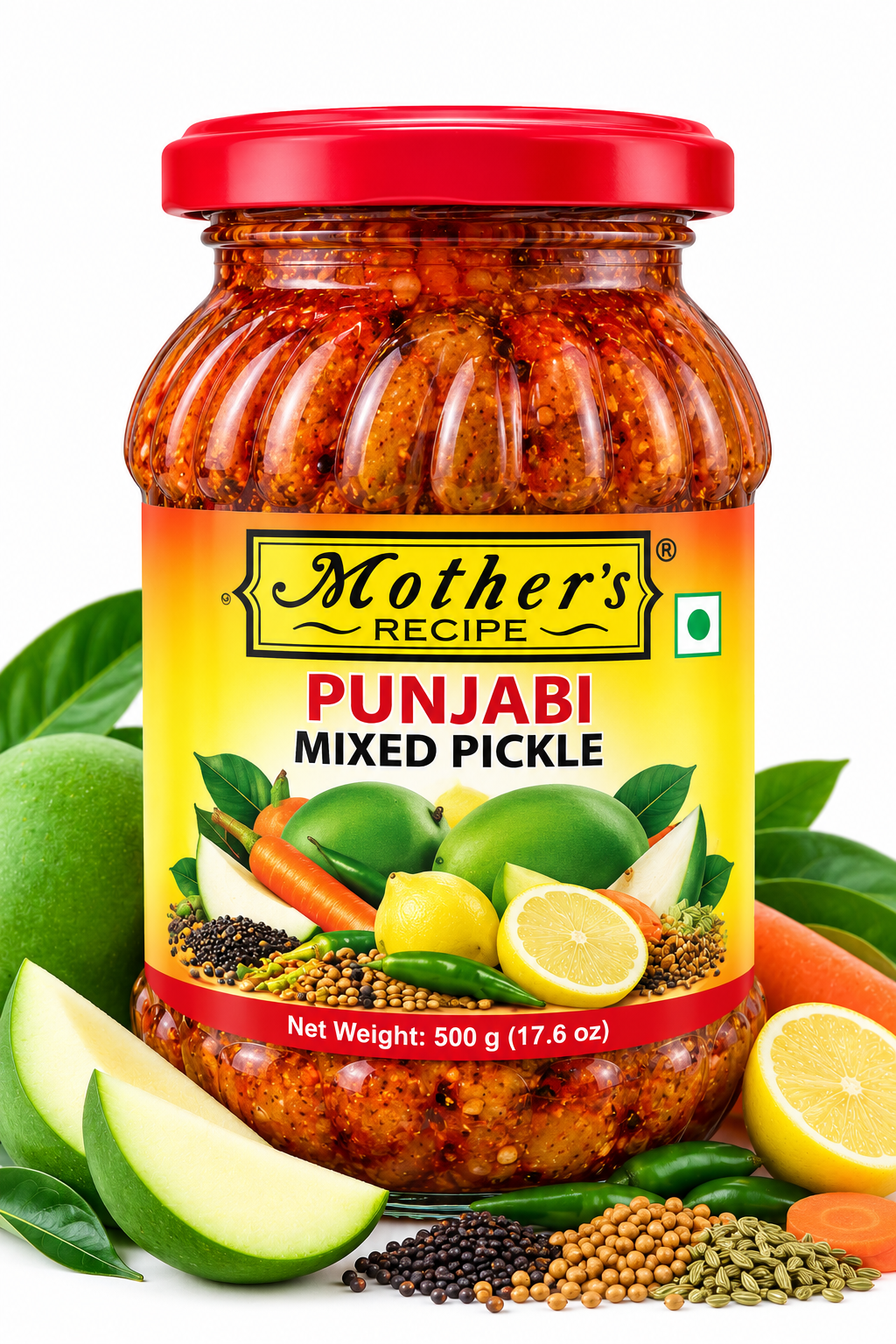 Mother's Recipe Punjabi Mixed Pickle 500g featuring a glass jar with a red lid and yellow-orange label, filled with spicy Punjabi mixed pickle, alongside fresh green mangoes, lemon, carrots, green chillies, mustard seeds, and traditional Indian spices.