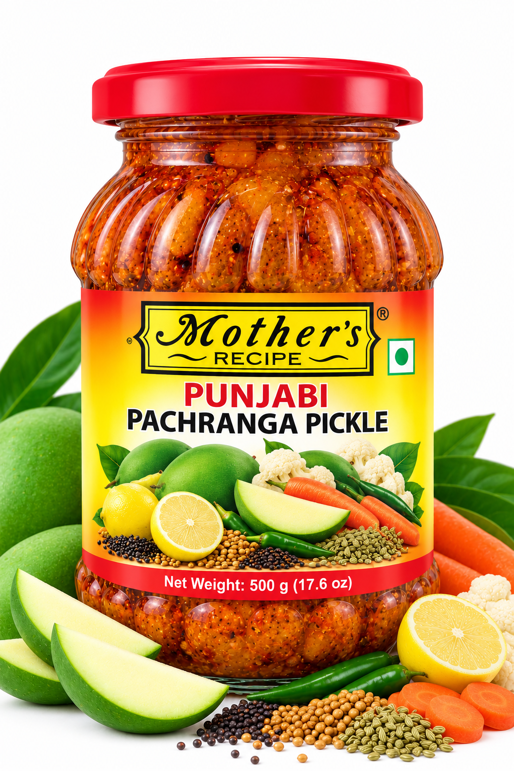 Mother's Recipe Punjabi Pachranga Pickle 500g featuring a glass jar with a red lid and yellow-red label, filled with traditional five-ingredient Punjabi pickle, alongside green mangoes, lemon, carrots, cauliflower, green chillies, mustard seeds, and aromatic spices.