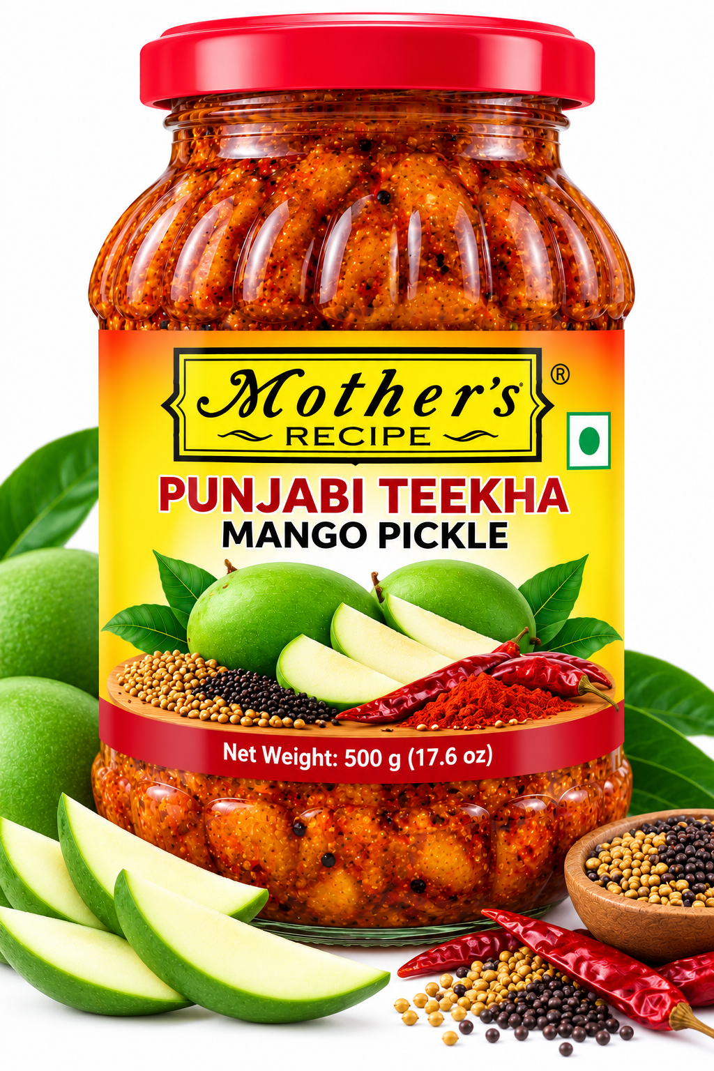 Mother's Recipe Punjabi Teekha Mango Pickle 500g featuring a glass jar with a red lid and yellow-orange label, filled with spicy Punjabi mango pickle, alongside fresh green mangoes, sliced mangoes, red chillies, mustard seeds, and traditional Indian spices.