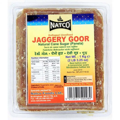 Natco Jaggery Goor 1kg pack front view displaying solid cane sugar block, product of India, suitable for sweets and chai.