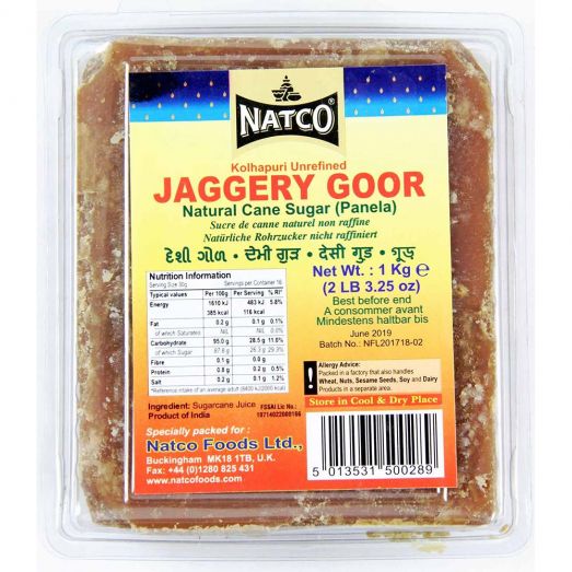 Natco Jaggery Goor 1kg pack front view displaying solid cane sugar block, product of India, suitable for sweets and chai.