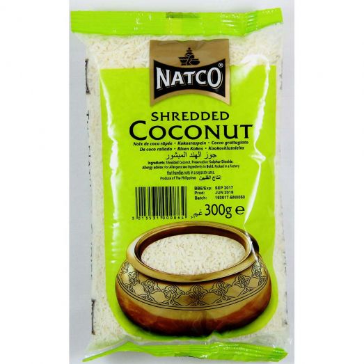 Pack of Natco Shredded Coconut 300g featuring flaky white shredded coconut ideal for baking, desserts, curries, snacks, and other recipes.
