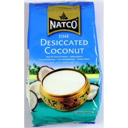 Natco Fine Desiccated Coconut available in 300g and 1kg packs featuring fine shredded coconut flakes ideal for baking, desserts, curries and traditional sweets.