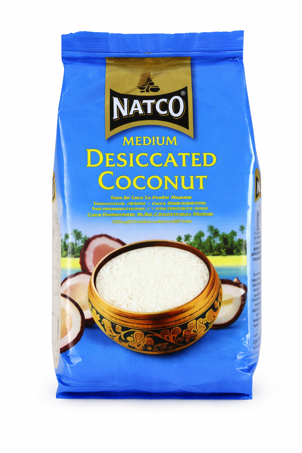 Natco Medium Desiccated Coconut available in 300g and 1kg packs featuring natural medium shredded coconut flakes ideal for baking, cooking, and dessert making.