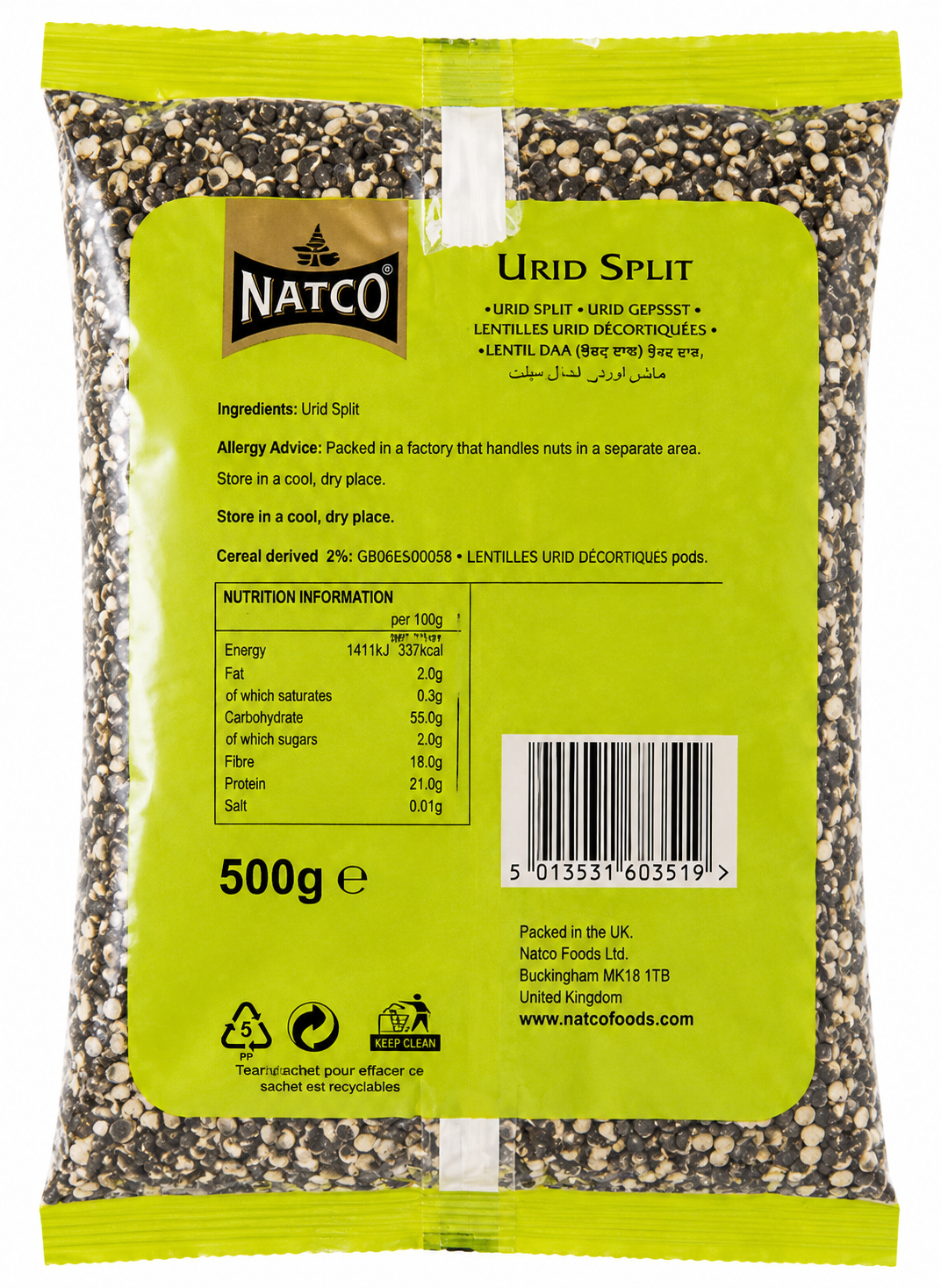 Back view of Natco Urid Split 500g pack showing nutritional information, ingredients, storage instructions, and barcode.