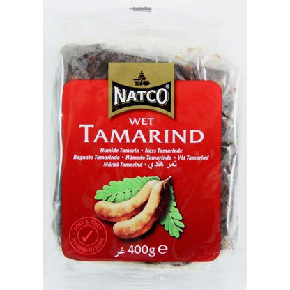 Natco Wet Tamarind 400g pack showing branded packaging with a soft tamarind pulp block inside, commonly used for adding tangy sweet-and-sour flavour to curries, chutneys, sauces, and Asian dishes.