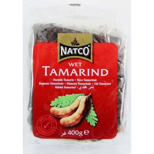 Natco Wet Tamarind 400g pack showing branded packaging with a soft tamarind pulp block inside, commonly used for adding tangy sweet-and-sour flavour to curries, chutneys, sauces, and Asian dishes.