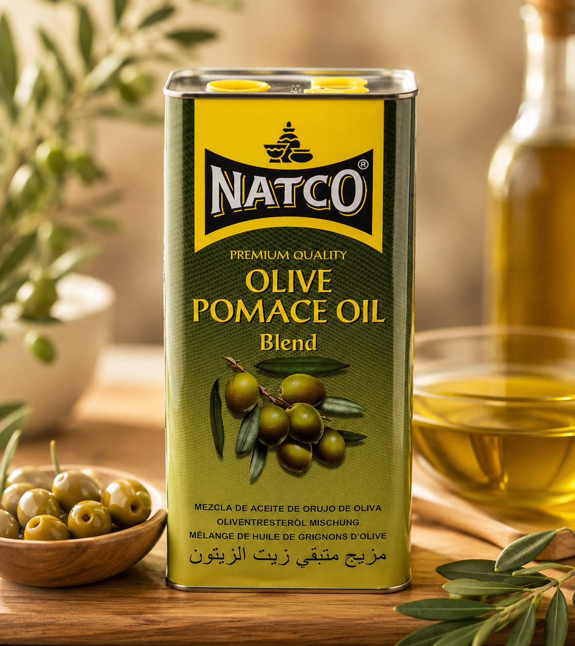 Natco Olive Pomace Oil Blend metal tin displayed on a wooden kitchen countertop with fresh green olives, olive branches, a bowl of olive oil, and a blurred warm kitchen background, showcasing premium cooking oil.