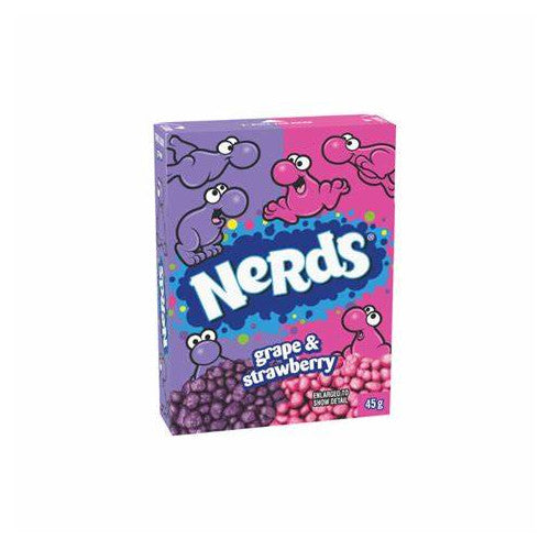 A box of Ferrara Nerds Grape & Strawberry, featuring crunchy candy with tangy grape and sweet strawberry flavors in a convenient, easy-to-carry package.