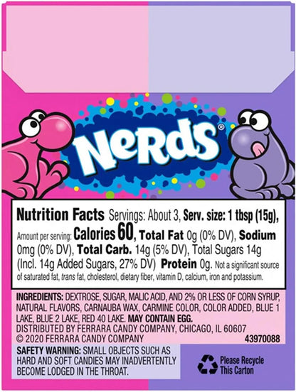 A box of Ferrara Nerds Grape & Strawberry, featuring crunchy candy with tangy grape and sweet strawberry flavors in a convenient, easy-to-carry package.