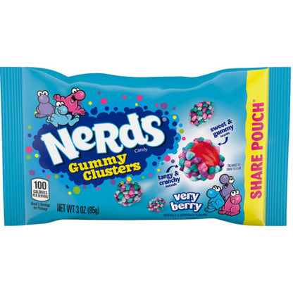 "NERDS Very Berry Gummy Clusters 85 g share pouch with crunchy candy coating and chewy berry gummy center.