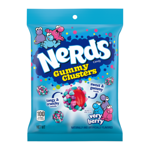 Bag of Ferrara NERDS Very Berry Gummy Clusters, 3 oz, colorful candy clusters with crunchy NERDS coating and chewy berry center.