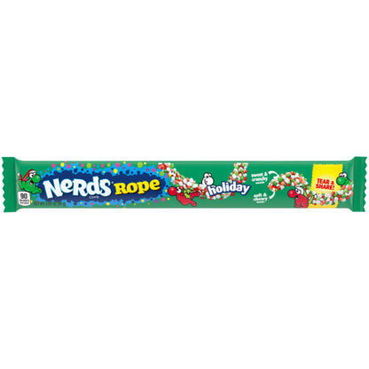 Front view of Ferrara Nerds Christmas Holiday Ropes 26 g showing chewy candy rope covered in crunchy, colourful Nerds pieces.