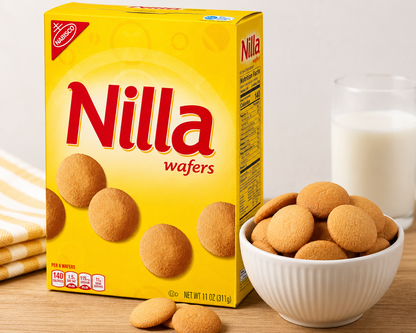 Nilla Wafers vanilla cookies box displayed beside a white bowl filled with crispy vanilla wafer cookies and a glass of milk on a wooden table.
