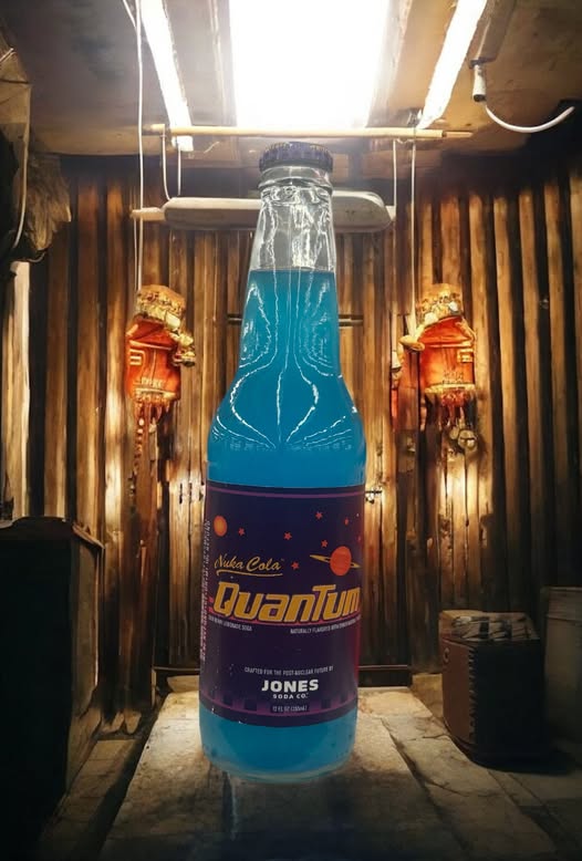 Jones Soda Special Release Nuka-Cola Quantum, 355ml glass bottle filled with bright blue soda and sealed with a silver cap. The label features Fallout-inspired retro branding based on the fictional in-game beverage.