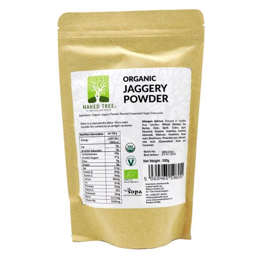 Swad Organic Jaggery Powder pack front view showing natural unrefined cane sugar sweetener in sealed retail packaging.