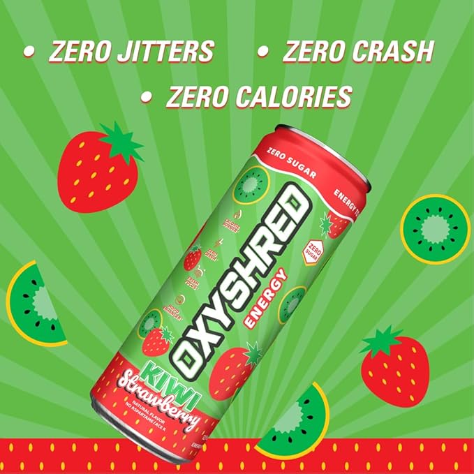 OxyShred Kiwi Strawberry Ultra Energy Drink can showing label and branding