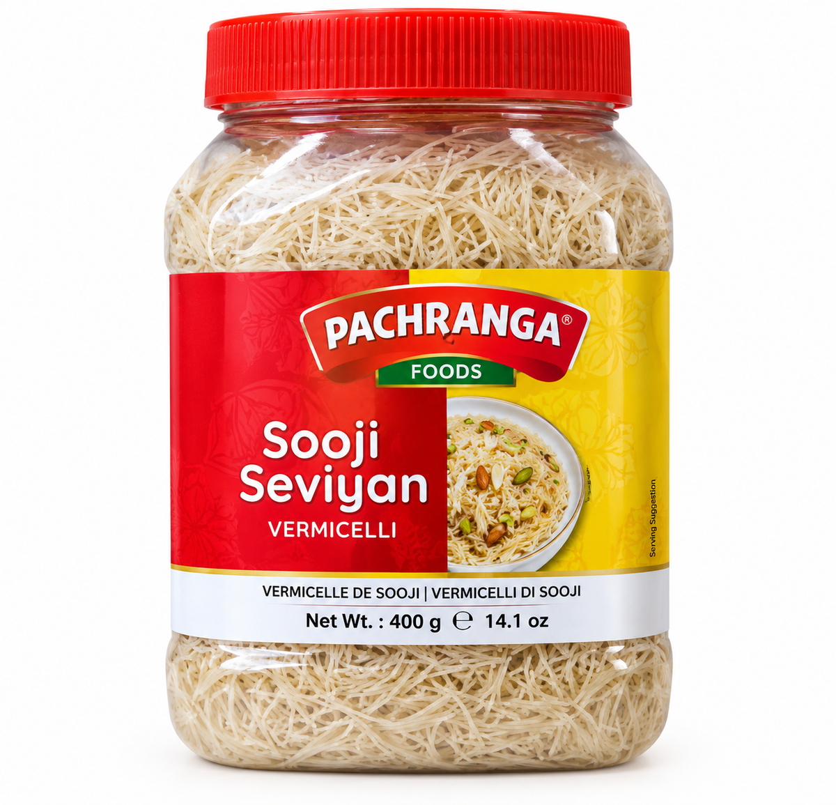 Pachranga Foods Sooji Seviyan Vermicelli 400g in a clear plastic jar with a red lid, red-and-yellow label, and an image of vermicelli served with nuts.