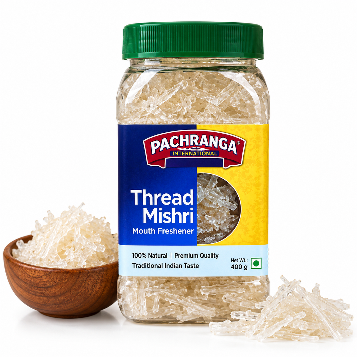 Pachranga Thread Mishri 400g featuring a transparent jar with a green lid and blue-and-yellow label, filled with natural translucent sugar crystals, with a wooden bowl of thread mishri and loose sugar crystals displayed alongside, ideal as a traditional Indian mouth freshener.