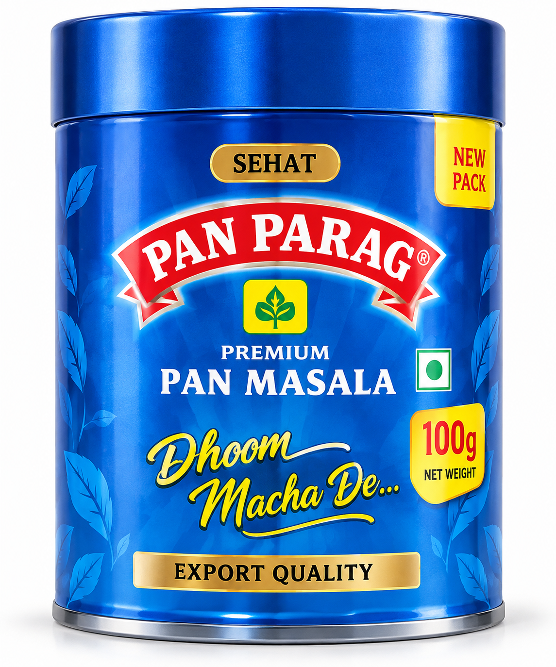Rajnigandha Flavoured Pan Masala 200g blue metal tin with a matching lid, colourful map-inspired packaging, gold accents and the Rajnigandha brand logo.