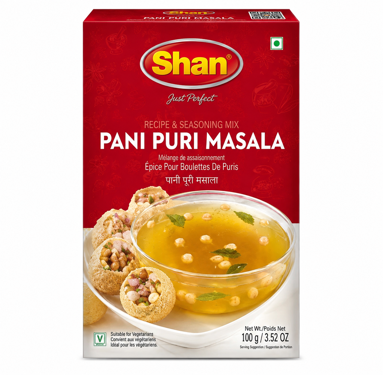 Shan Pan Puri Masala recipe and seasoning mix in a red box, featuring a bowl of golden masala and stuffed dough balls on the front.
