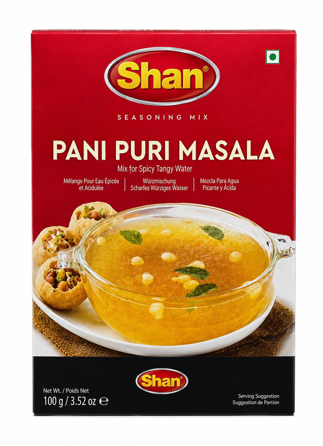 Shan Pani Puri Masala seasoning mix packaging box, 100g. The red and black box features the yellow Shan logo and an image of a bowl of golden pani puri masala with stuffed pani puris.
