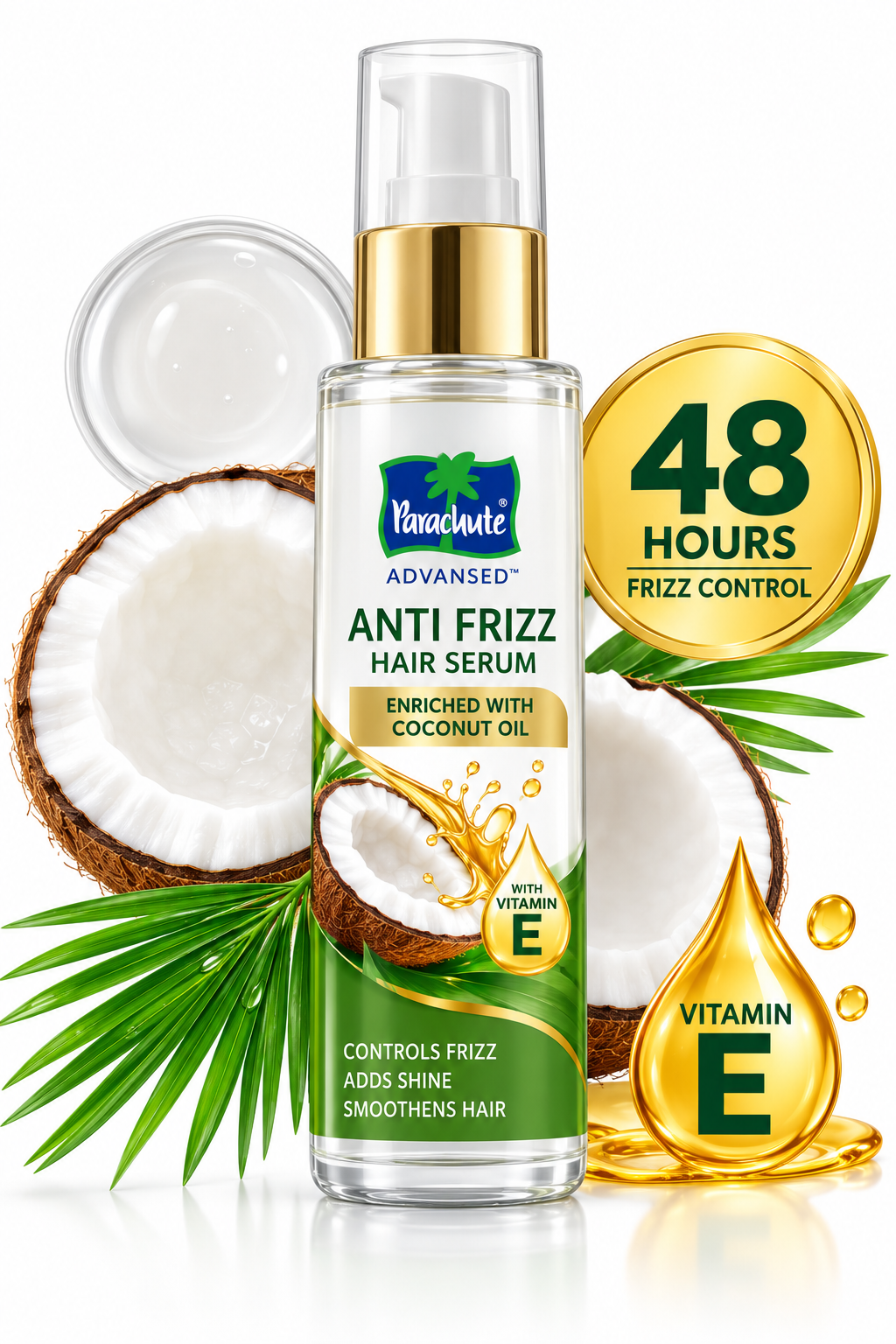 Parachute Advansed Anti Frizz Hair Serum 100ml featuring a clear bottle with a white-and-gold pump and green label, enriched with coconut oil and Vitamin E, with 48-hour frizz control branding and coconut imagery.
