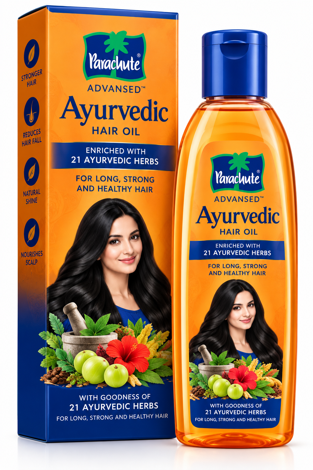 Parachute Advansed Ayurvedic Hair Oil 190ml featuring an amber oil bottle with a blue cap and orange-and-blue packaging, enriched with 21 Ayurvedic herbs, with amla, hibiscus, herbal leaves, and long, shiny hair imagery.