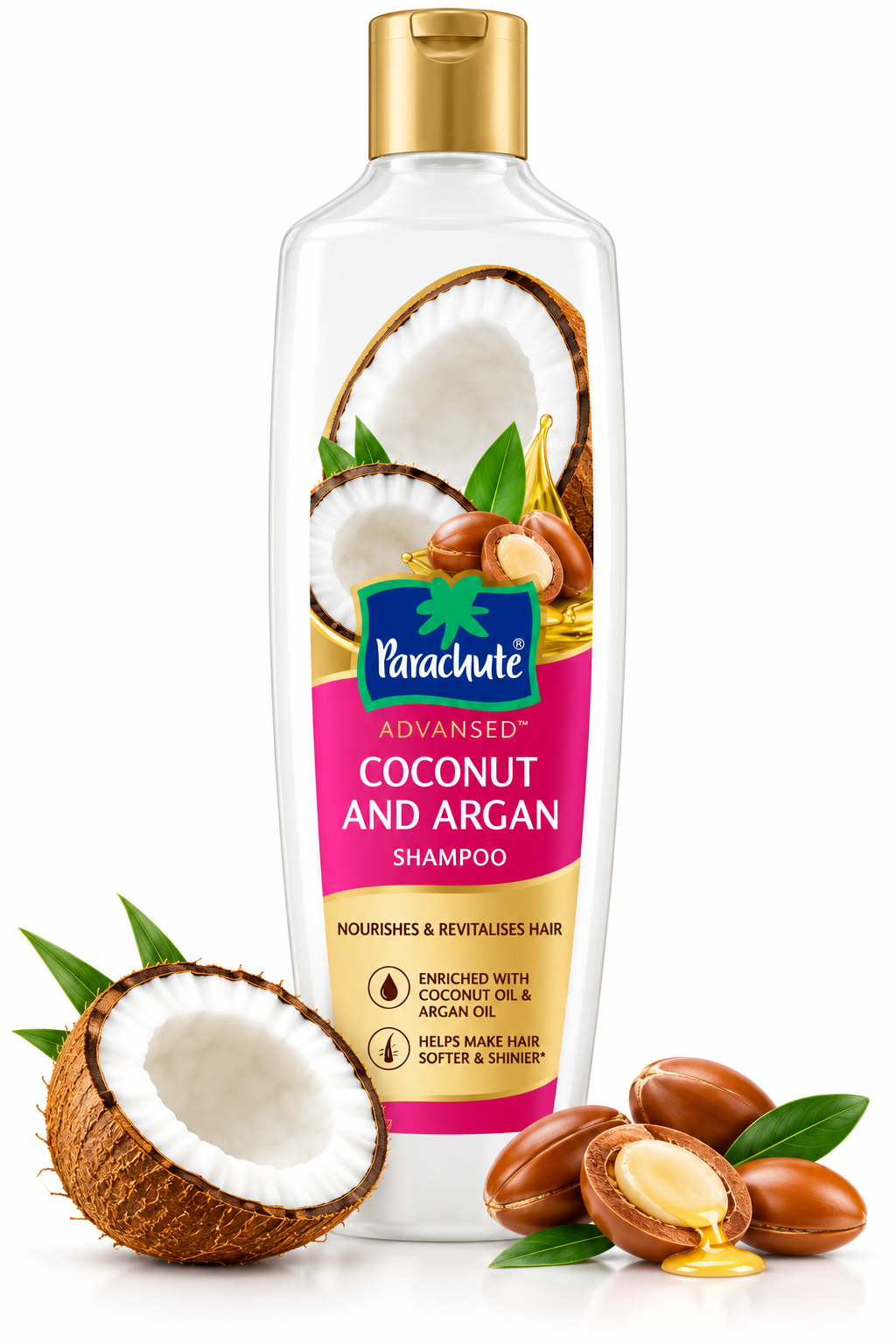 Parachute Advansed Coconut and Argan Shampoo 340ml featuring a white bottle with a gold cap and pink-and-gold label, alongside fresh coconut halves, argan nuts, and green leaves.