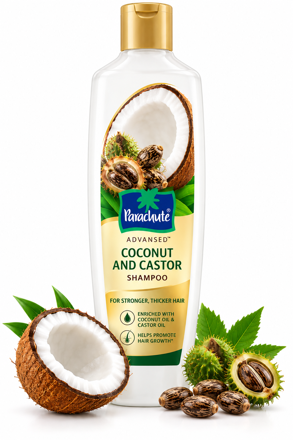 Parachute Advansed Coconut and Castor Shampoo 340ml featuring a white bottle with a gold cap and cream-and-green label, alongside fresh coconut and castor seeds.
