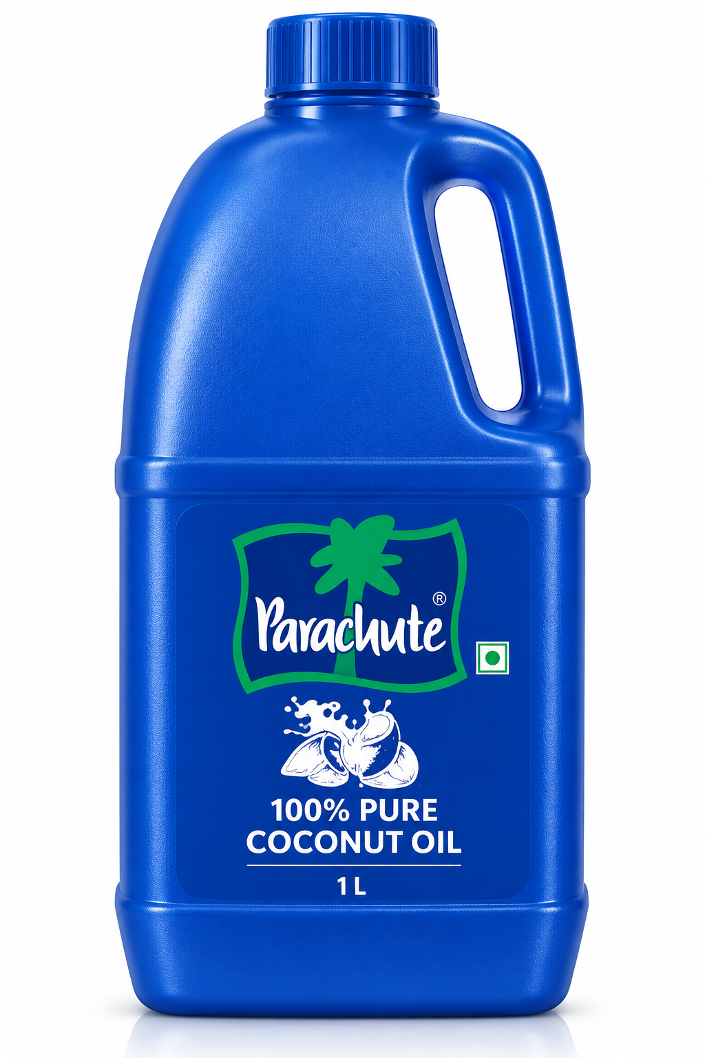 Parachute 100% Pure Coconut Oil 1L featuring a large cobalt-blue plastic jug with an integrated handle, ribbed screw cap, and dark-blue label displaying the Parachute logo and coconut imagery.