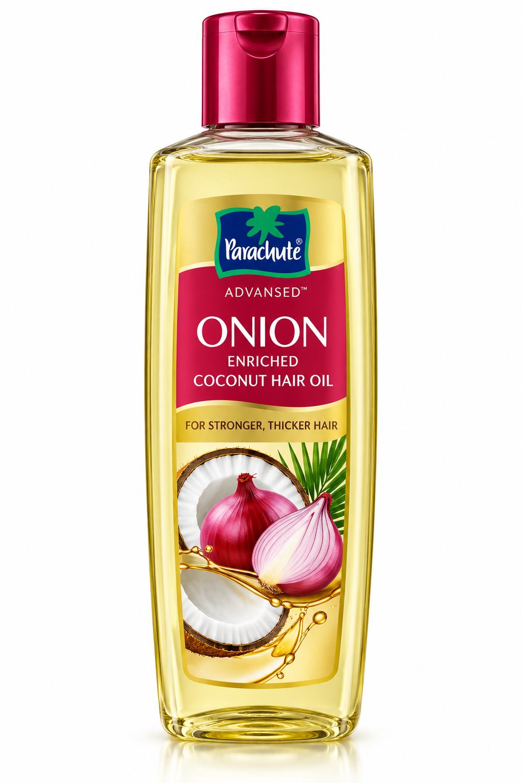 Parachute Advansed Onion Enriched Coconut Hair Oil 200ml featuring a clear bottle with pale golden oil, a red cap, and a red-and-gold label with coconut and onion imagery.