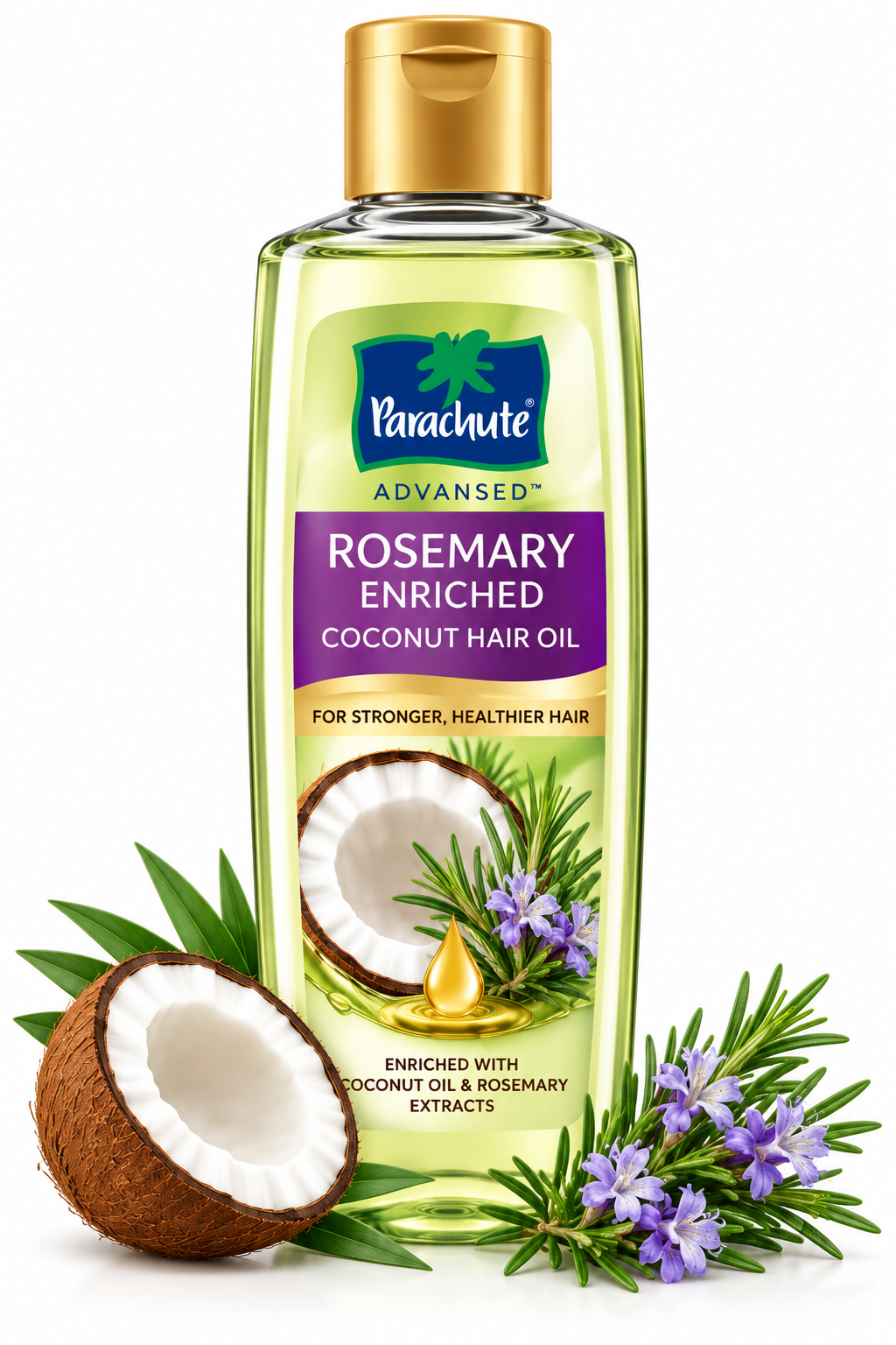 Parachute Advansed Rosemary Enriched Coconut Hair Oil 200ml featuring a clear bottle with pale golden-green oil, a gold cap, and a purple-and-green label, alongside fresh coconut, rosemary sprigs, and purple flowers.