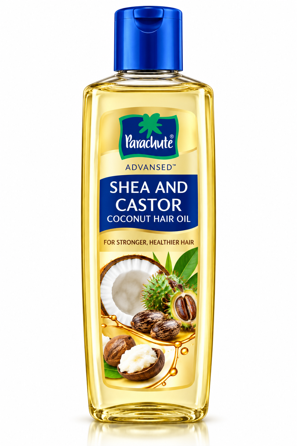 Parachute Advansed Shea and Castor Coconut Hair Oil 200ml featuring a clear bottle with golden oil, a blue cap, and a cream-and-blue label displaying coconut, castor seeds, and shea butter imagery.