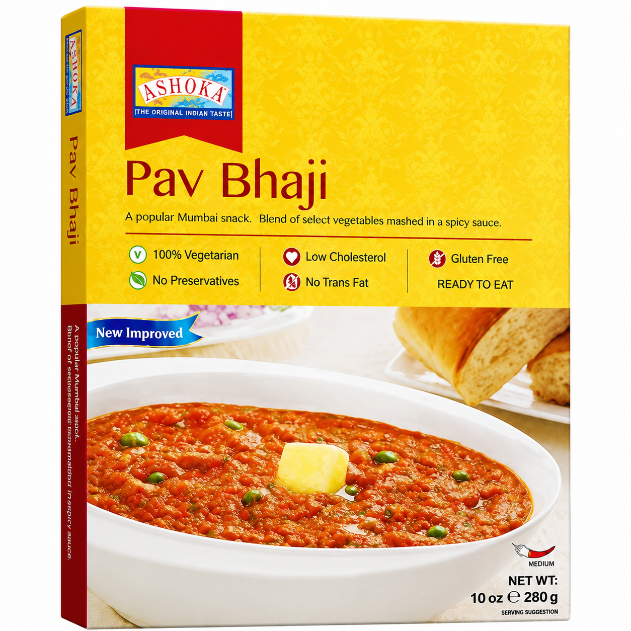 A box of Ashoka Pav Bhaji, featuring a bright yellow and red packaging design with a photo of the spiced potato and vegetable mash in a bowl on the front.