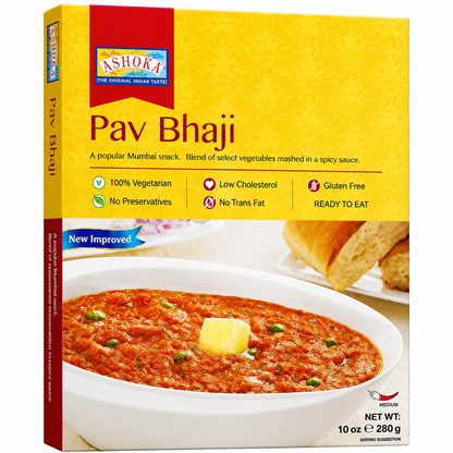 A box of Ashoka Pav Bhaji, featuring a bright yellow and red packaging design with a photo of the spiced potato and vegetable mash in a bowl on the front.